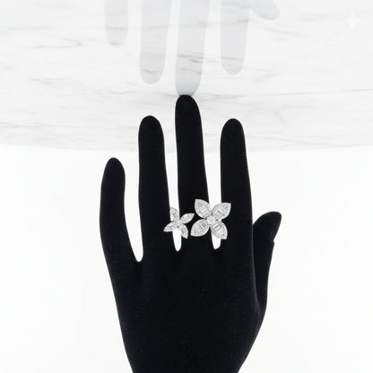 Silver floral baguette and round cut cubic zirconia statement cocktail ring
