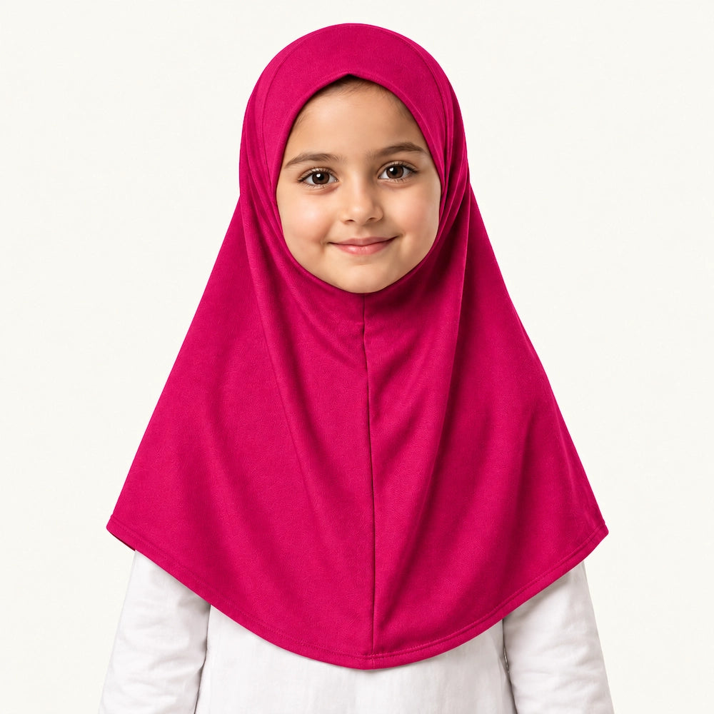 Fuchsia Pink Kids Makhna Hijab by Graceful Layers made from stretchable cotton jersey with easy pinless pull-on styling