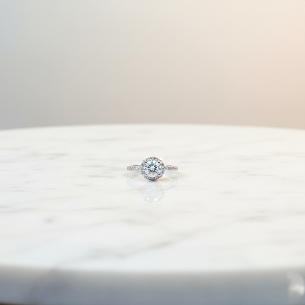 Round halo zircon adjustable silver luxury ring with pavé band