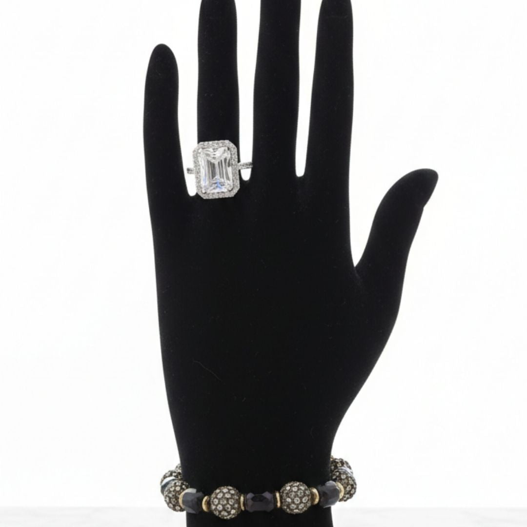 Silver rectangle zircon ring with side stones, luxury stainless steel ring
