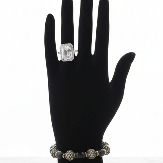 Silver rectangle zircon ring with side stones, luxury stainless steel ring
