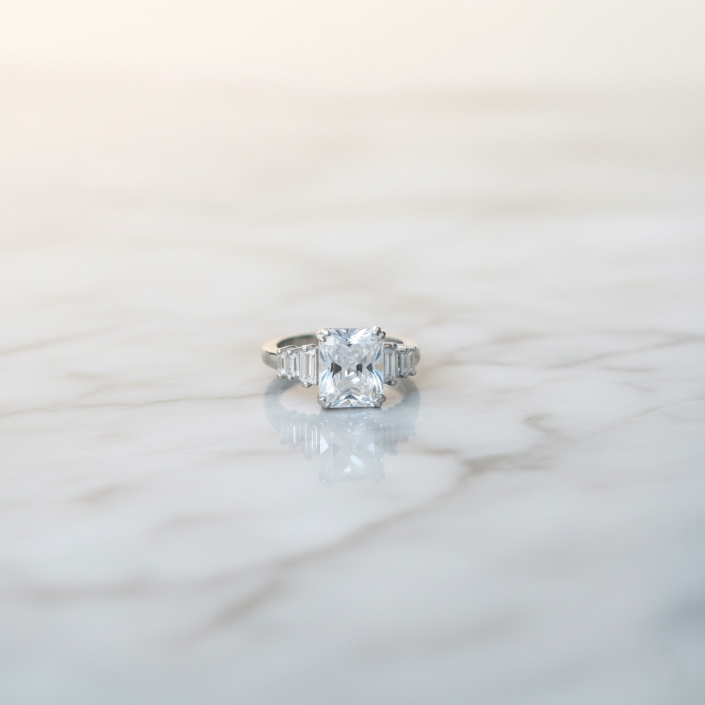 Emerald cut zircon adjustable silver luxury ring with baguette side stones
