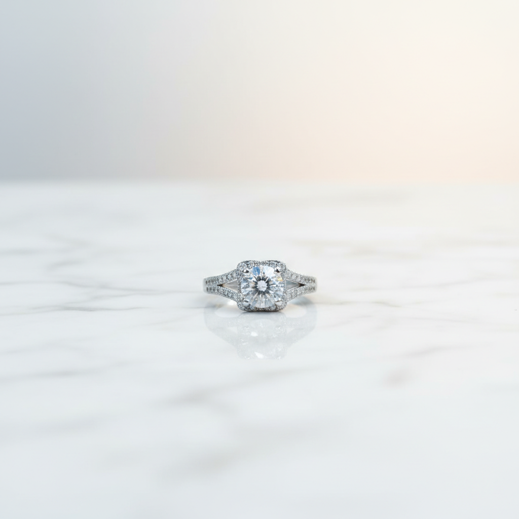 Silver princess cut halo zircon ring with split shank band and pavé stones
