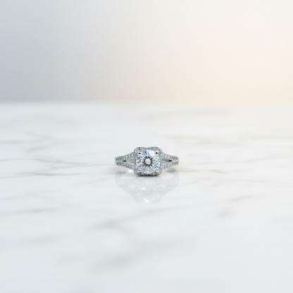 Silver princess cut halo zircon ring with split shank band and pavé stones
