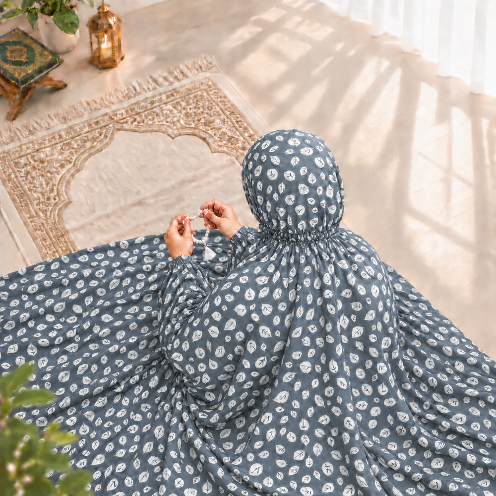 Sky blue printed ladies Namaz Chaddar with white motifs, attached veil and full-length coverage