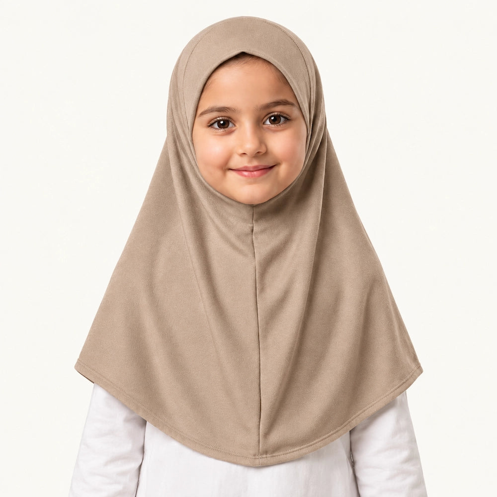 Camel beige kids makhna hijab for girls, one-piece pinless ready-to-wear hijab with head, neck and shoulder coverage by Graceful Layers