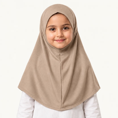 Camel beige kids makhna hijab for girls, one-piece pinless ready-to-wear hijab with head, neck and shoulder coverage by Graceful Layers