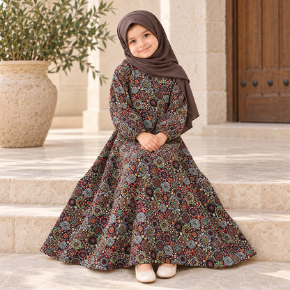 Girls’ crepe chiffon kids abaya with an all-over multicolor floral print on a dark background