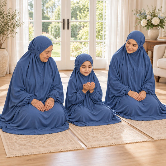 Granddaughter making dua between her grandmother and mother, all seated in dusty blue namaz chaddars on separate prayer mats.
