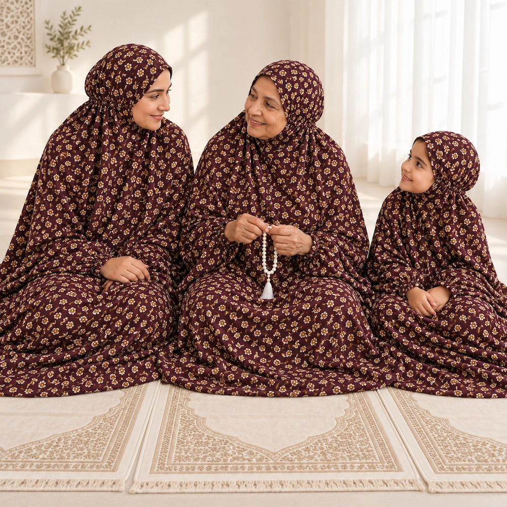 Grandmother holding prayer beads beside her daughter and granddaughter, all wearing matching maroon floral namaz chaddars.