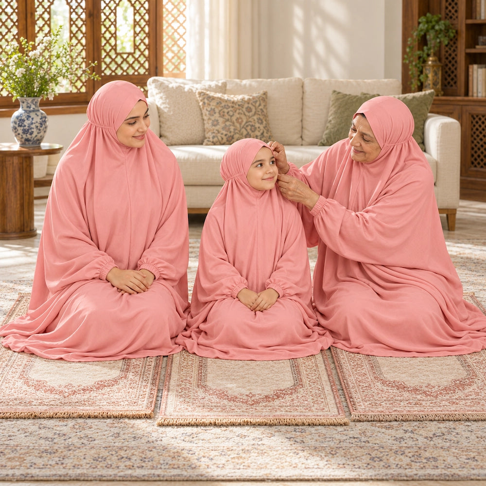 Grandmother adjusting her granddaughter's peach head covering while the mother sits beside them in a matching prayer chaddar.