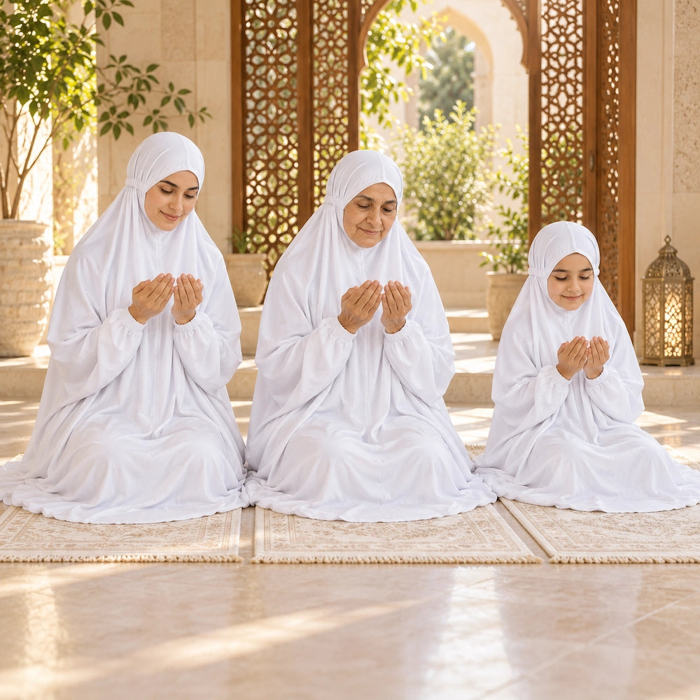 Grandmother, mother and granddaughter in white namaz chaddars sitting on prayer mats with their hands raised for dua.