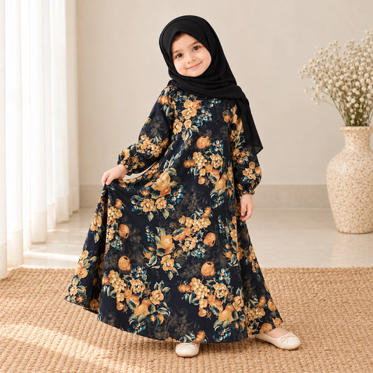 Navy blue girls’ abaya with rust and orange floral print