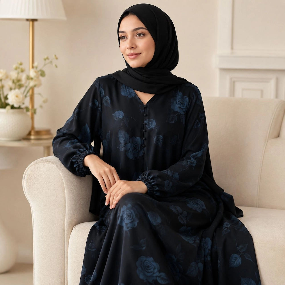 Woman wearing jet black floral abaya with subtle blue floral print, elastic cuffs and front buttons