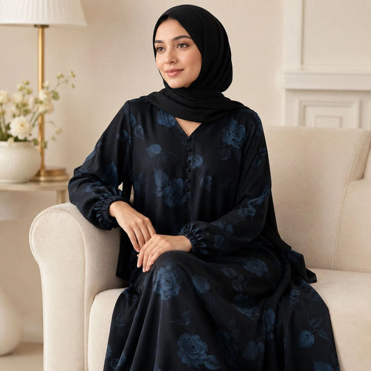Woman wearing jet black floral abaya with subtle blue floral print, elastic cuffs and front buttons