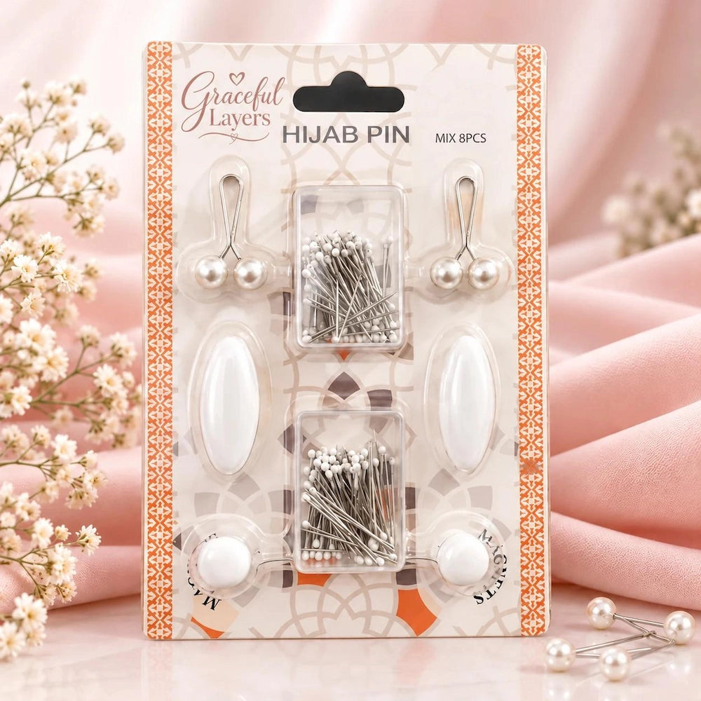 Graceful Layers white assorted hijab pin set labeled mix 8 pieces