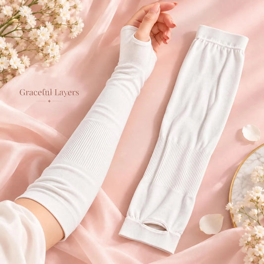 White thumbhole arm sleeve extender with ribbed sections, styled for modest layering