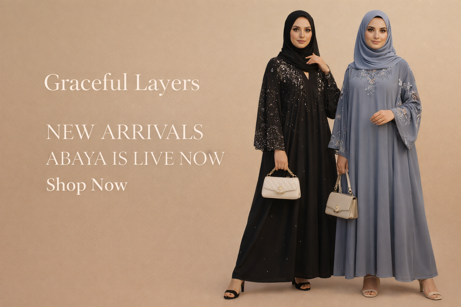 Two modest fashion models wearing premium embroidered abayas with matching hijabs, showcasing Graceful Layers’ elegant abaya collection in soft neutral shades.
