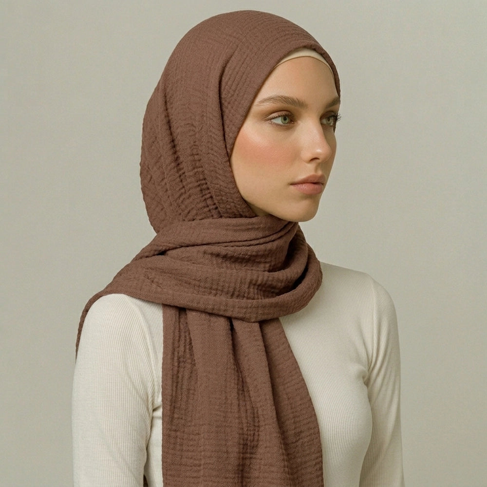 Almond Crimps Hijab in soft beige textured crimp fabric with elegant drape