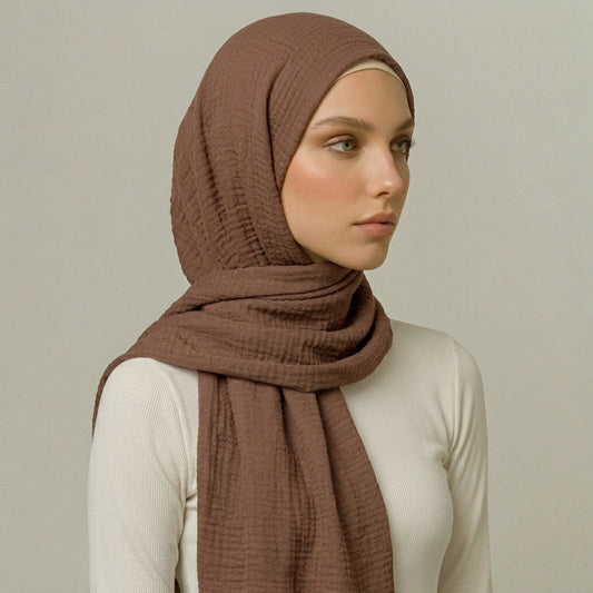 Almond Crimps Hijab in soft beige textured crimp fabric with elegant drape