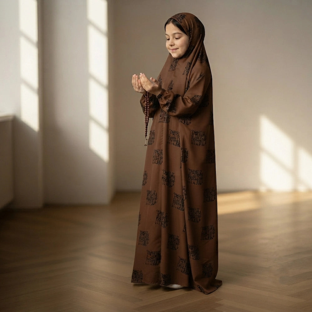 Brown Kids Arabic Namaz Chaddar for Girls 7-12 with Full Prayer Coverage and Elastic Sleeves