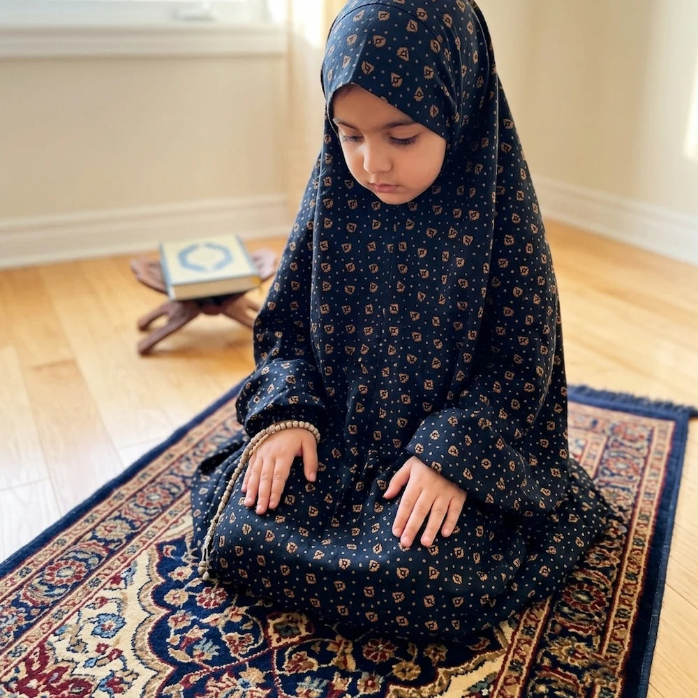 Black and peach printed kids Namaz chaddar for girls age 7 to 12