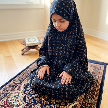 Black and peach printed kids Namaz chaddar for girls age 7 to 12