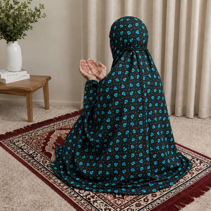 Black teal blue printed women's Namaz chaddar with built-in veil