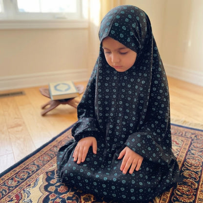 Charcoal white printed Namaz chaddar for kids age 7 to 12