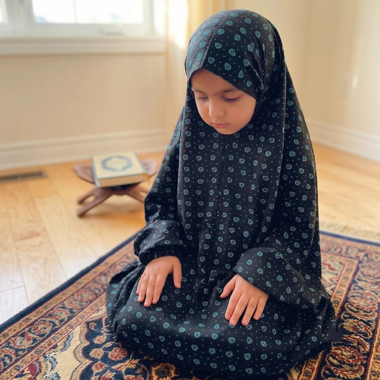 Charcoal white printed Namaz chaddar for kids age 7 to 12
