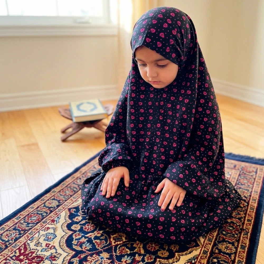 Black kids Namaz chaddar age 7 to 12 with pink printed motifs