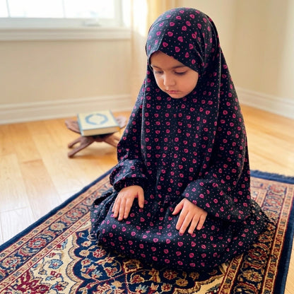 Black kids Namaz chaddar age 7 to 12 with pink printed motifs