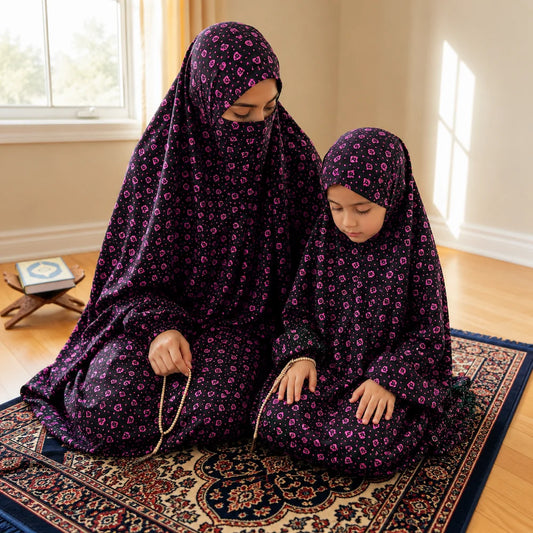 Black and pink matching Mother Daughter Namaz Chaddar set