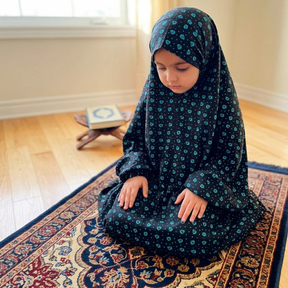 Black teal printed Kids Namaz chaddar age 7 to 12 with elastic sleeves
