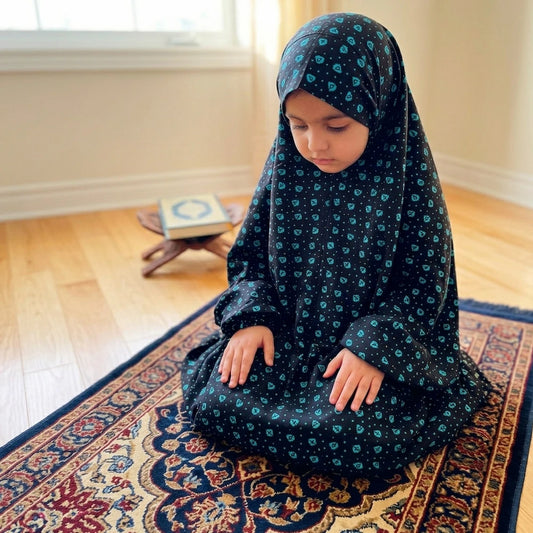 Black teal printed Kids Namaz chaddar age 7 to 12 with elastic sleeves