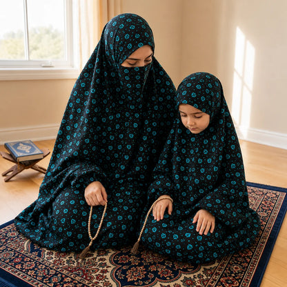 Black teal Mother Daughter matching Namaz chaddar set with printed design