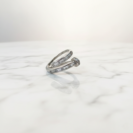 Baguette zircon double row bypass adjustable silver luxury ring