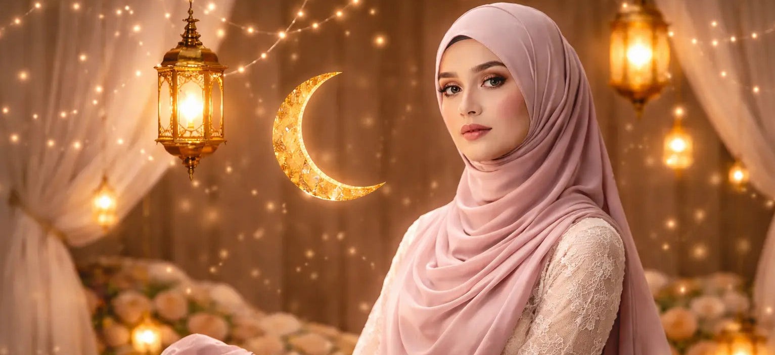 Ramzan Ready Looks sale banner featuring a modest woman in elegant hijab with festive Ramadan decorations background promoting up to 80% off on hijabs, abayas and namaz chaddars.