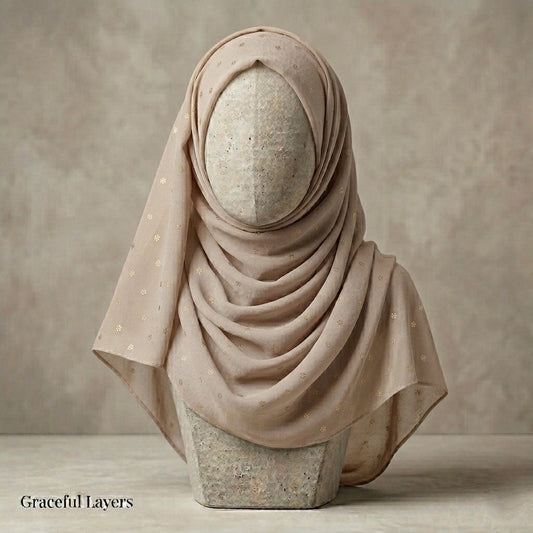 sand beige lawn hijab with gold floral foil lightweight hijab pakistan
