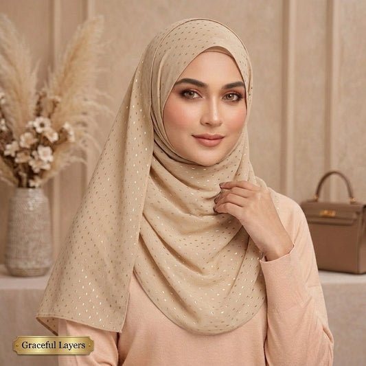 Beige lawn hijab with golden rectangle soft neutral breathable hijab
