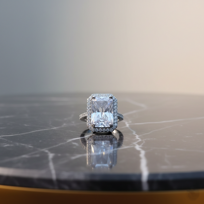 Silver rectangle zircon ring with side stones, luxury stainless steel ring