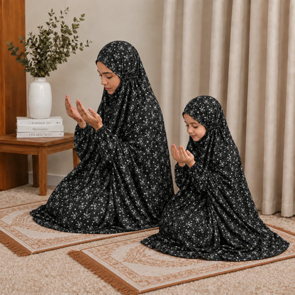 Black and white bow print matching mother and daughter Namaz chaddar set with attached veils