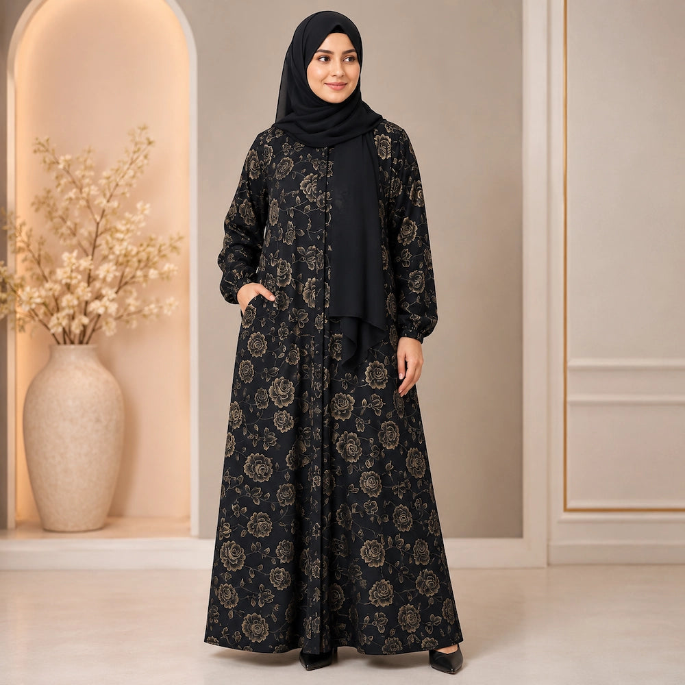 black floral button patti abaya in size 56 with elastic cuff sleeves and right side pocket