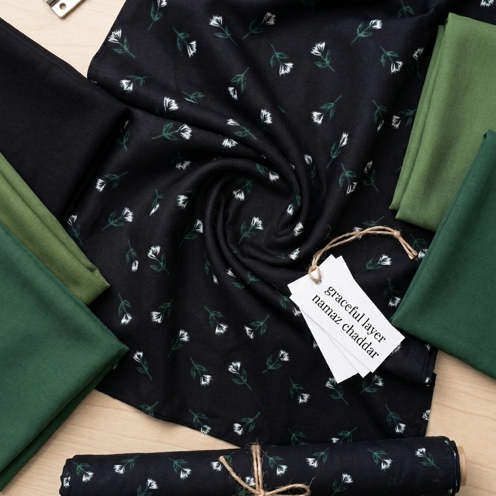 Black Green Floral Kids Namaz Chaddar – Lightweight Prayer Dress for Girls
