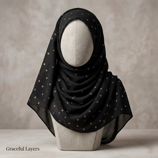 black lawn hijab with gold floral foil design lightweight breathable summer hijab

