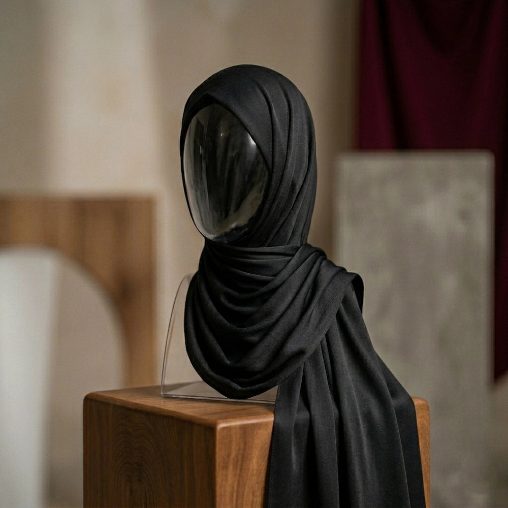 Black silk hijab with soft glow elegant drape
