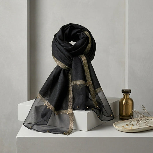 Black organza hijab with golden pearl embellishments and gold border – luxury formal hijab Pakistan
