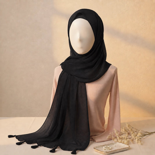 Black lawn tassels hijab lightweight breathable modest scarf with tassel edges Graceful Layers