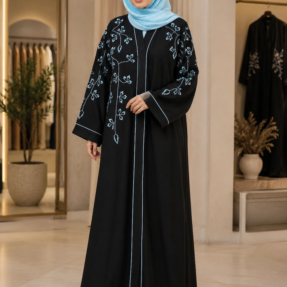 Black front open abaya with sky blue embroidery and matching embroidered hijab  
