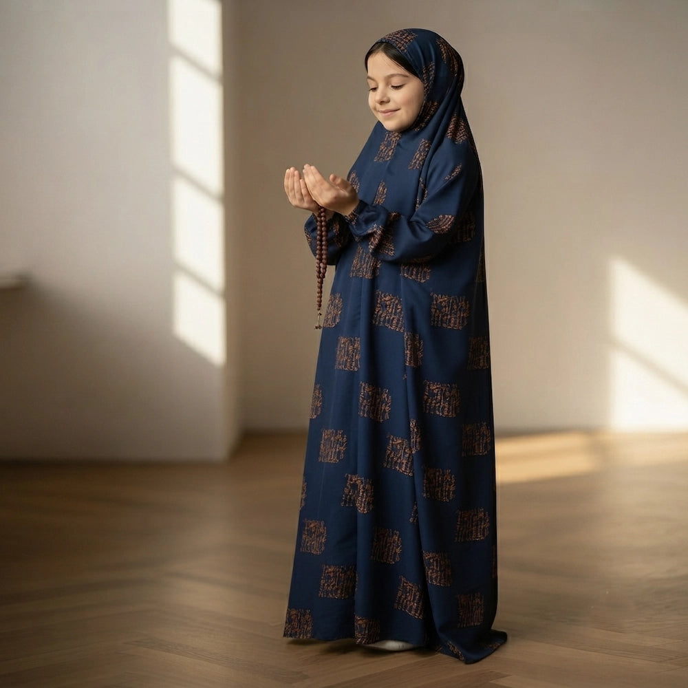Navy Kids Arabic Namaz Chaddar Full Coverage Prayer Dress for Girls with Elastic Sleeves